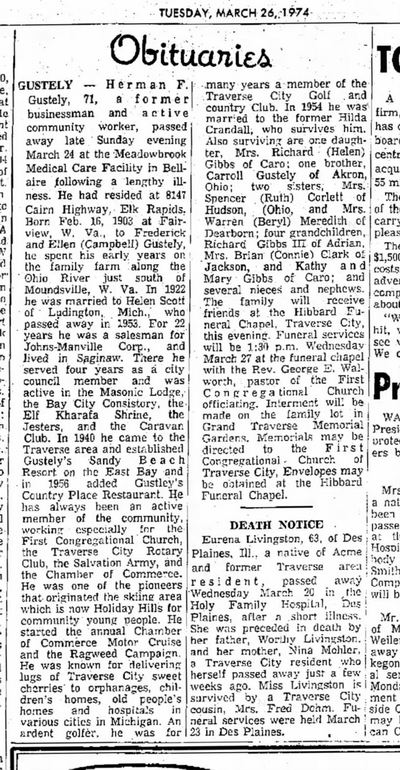 Gustelys Country Place - March 1974 Death Notice For Herman Gustely (newer photo)